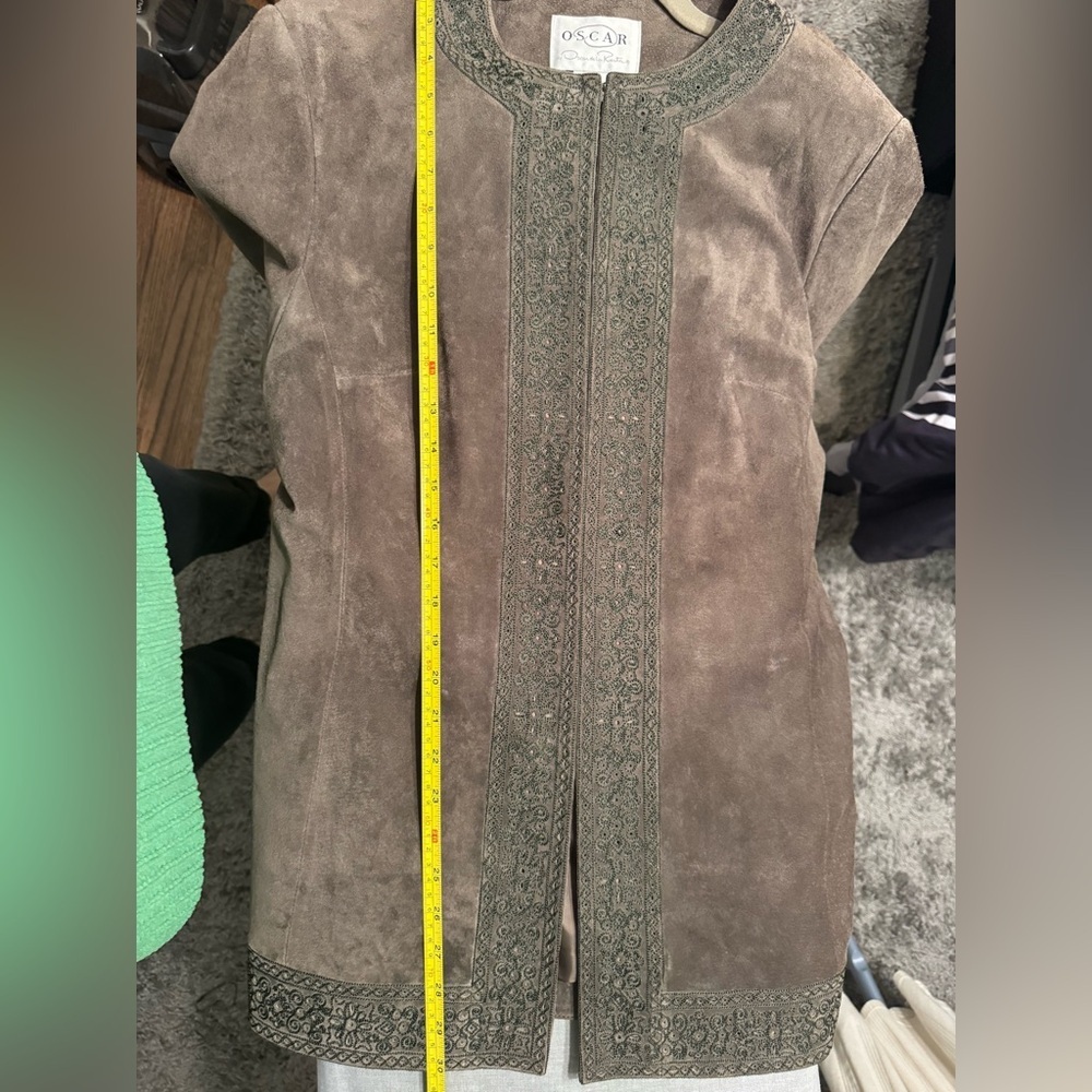 Oscar de la Renta Suede Jacket Olive Green Embroidered Vintage Tunic Coat SZ 12 - Picture 8 of 8